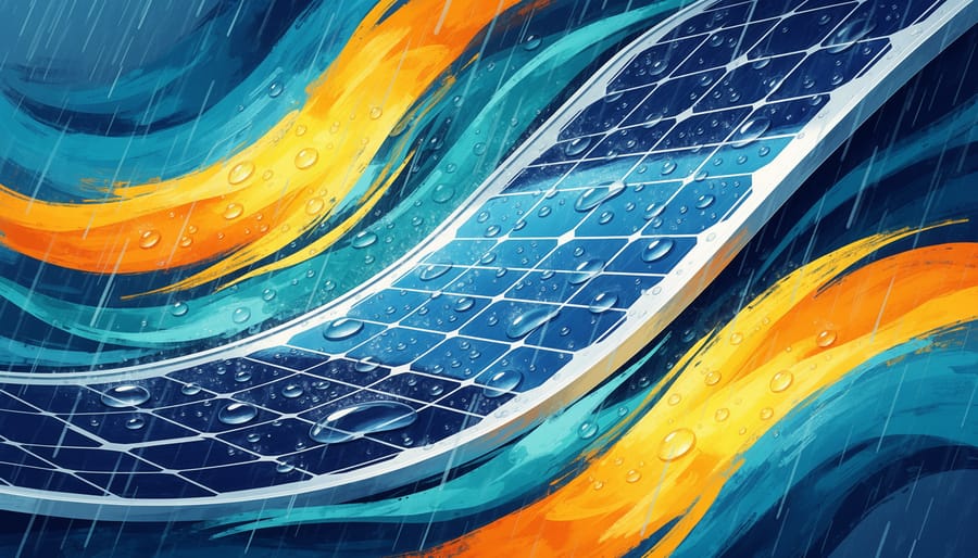 Close-up of raindrops beading on a flexible solar panel surface on a boat