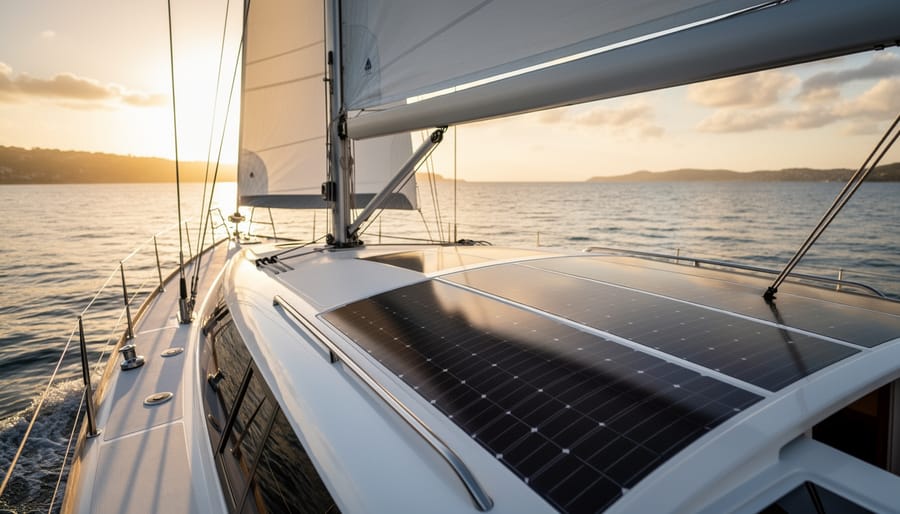 A sailboat at golden hour with flexible solar panels mounted along the curved roofline