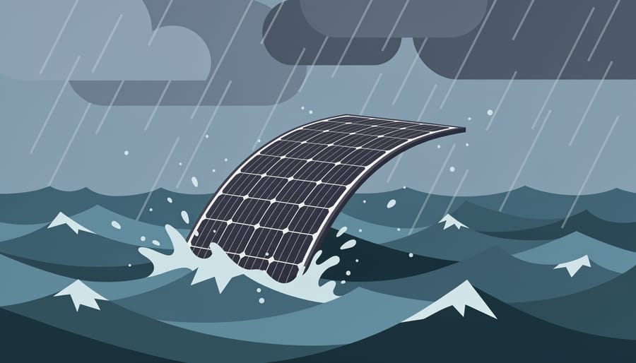 Rainy, stormy ocean scene with a visible flexible solar panel on a boat